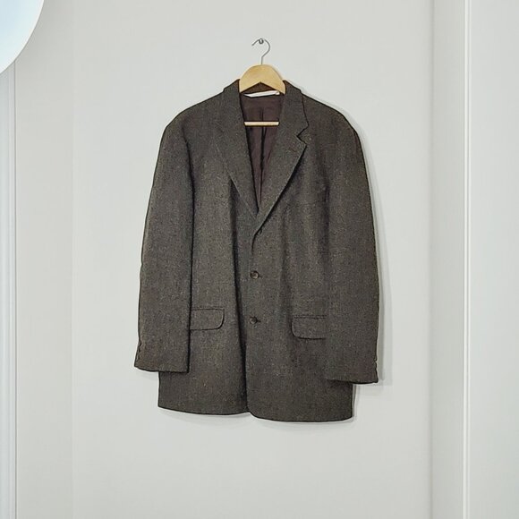 Perry Ellis Brown Grey Tweed 100% Wool Professor Business Casual Blazer Size 42 - Picture 3 of 14